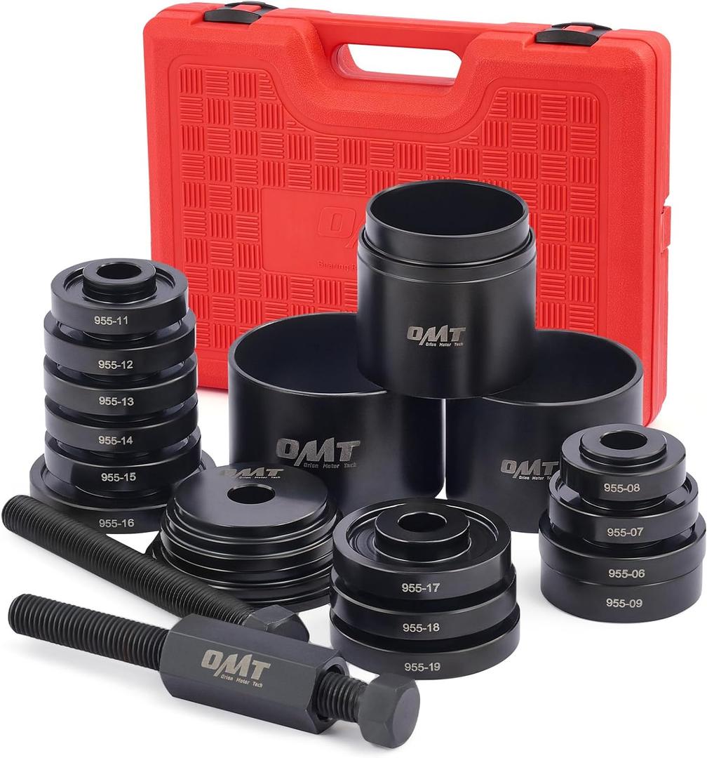 Orion Motor Tech Wheel Bearing Press Kit for Front Wheel Drive Bearing Removal & Installation, 24pc Wheel Bearing Puller Tool Set with Sliding Screws Universal Bushings Sleeves Storage Case (RED,BLACK)