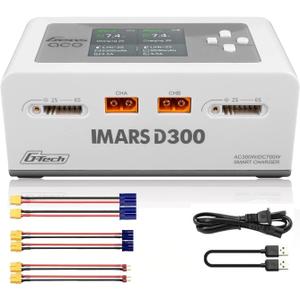 Lipo Battery Charger, Gens Ace IMARS D300 Smart Balance Charger Dual Channel AC 300W / DC 700W (350W*2) 16A for RC LiPo Li-Ion LiHV Life Battery Charging (White)