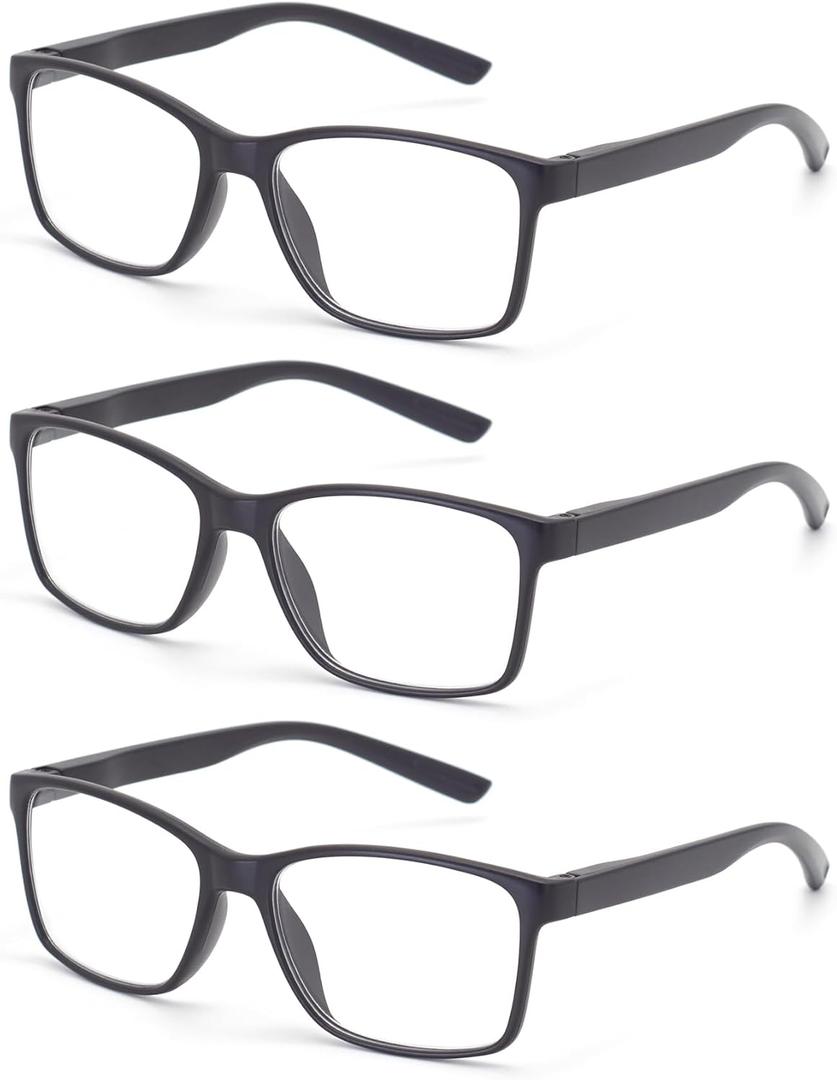 2 x Reading Glasses for Men Large Spring Hinge Readers Blue Light Blocking Computer Eyelgasses (S1, C3, 3 Black)