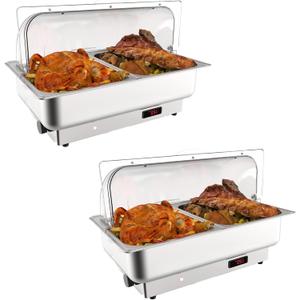 Garvee Electric Chafing Dish Buffet Set, 2 × 4.5 QT Roll Top Food Warmer | With Transparent PC Lid, 400W Temperature Control 86-200°F, Stainless Steel Chafer For Catering Parties (2 Packs)