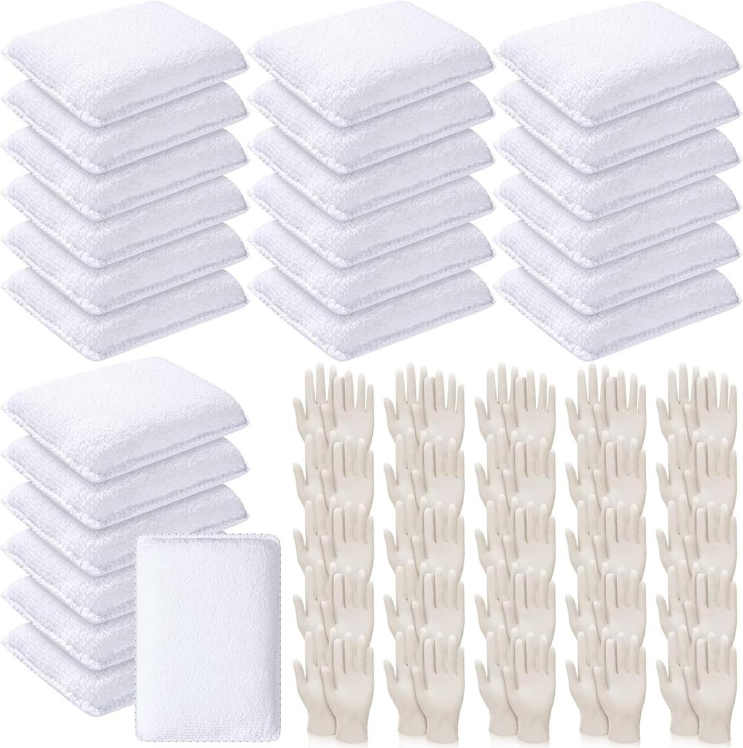 24 Set Wood Stain Applicators and Disposable Latex Gloves Microfiber Stain Sponge Pads for Wood and Oil-Based Finishes(White)