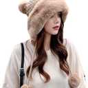 Winter Pompom Beanie Hats for Women Fluffy Knit Womens Beanie Faux Fur Crochet Skull Cap Warm Bucket Outdoor Ear Cover (One Size, Khaki)