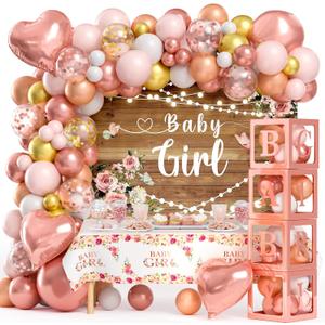 Winrayk Floral Baby Shower Decorations for Girl, Baby Boxes with Letters, Rose Gold & Pink Balloon Arch, Backdrop, Tablecloth, Foil Balloon, Birthday Party Supplies It's a Girl Baby Shower Decorations