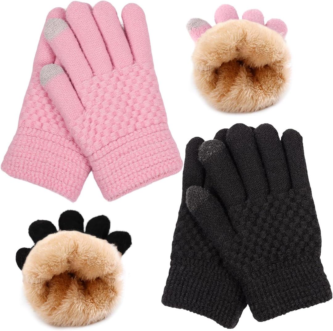 Kids Gloves Winter Knitted Warm Gloves with Fleece Lining Cold-Weather Gift for Boys Girls 5-10 Years (Black+pink)