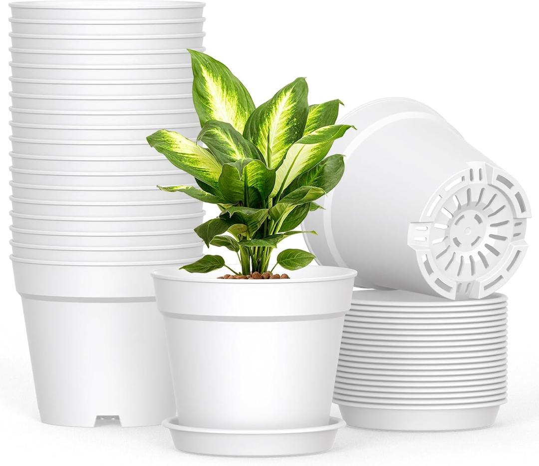 SwinDuck 20 Pack 6 Inch Plant Pots with Drainage and Saucers, White Plastic Flower Pots for Indoor and Outdoor Plants, Stackable Nursery Planters for Houseplants and Herbs, White