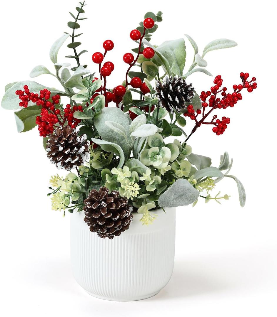 HOMCDALY Artificial Plants Tabletop Christmas Decorations, Fake Plants in Ceramic Plant Pot, Small Chritstmas Tree for Home Dcor, Dining Table Centerpiece, Christmas Decor Indoor