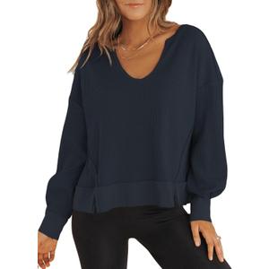 Dokotoo Womens Spring Outfits V Neck Waffle Knit Tops Cropped Sweaters Long Sleeve Pullover Crop Top (Small, Blue)