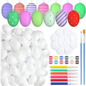 Gerrii 50 Pcs White Foam Easter Egg Ornament Bulk Paintable Decorations with 6 Markers, 12 Paints, 2 Brushes, 1 Palette Hanging Easter Egg with String for DIY Craft Basket Fillers Party Favors