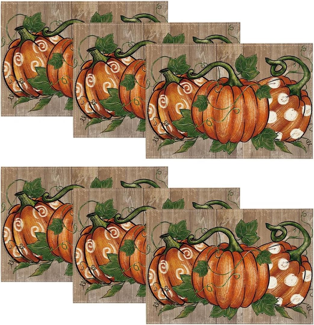 Artoid Mode Wood Polka Dot Pumpkins Fall Placemats Set of 6, 12x18 Inch Seasonal Table Mats for Table Runner Party Kitchen Dining Decoration