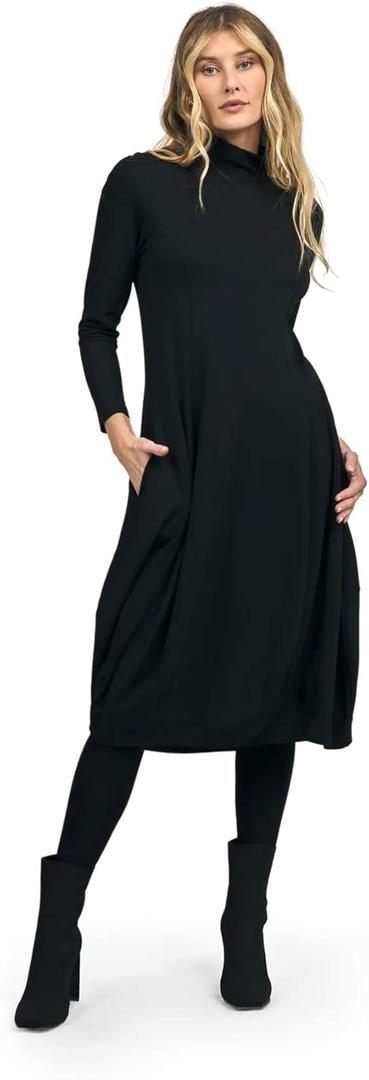 ALEMBIKA Women's Long Sleeve Turtleneck Midi Dress, A-Line Style, Black (6)