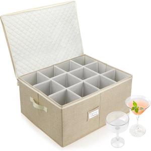 LotFancy Stemware Storage Container, Hard Shell, Large Wine Glass Storage Box for Moving, Stackable, Foldable, Crystal Glassware, Drinkware Case with Dividers & Handles, 21x15.5x10, Beige