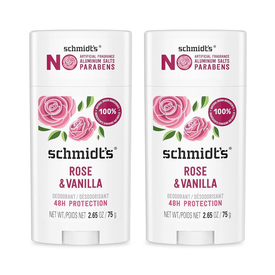 Schmidt's Aluminum-Free Vegan Deodorant Rose & Vanilla with 24 Hour Odor Protection 2 Count for Women and Men, Natural Ingredients, Cruelty-Free, 2.65 oz
