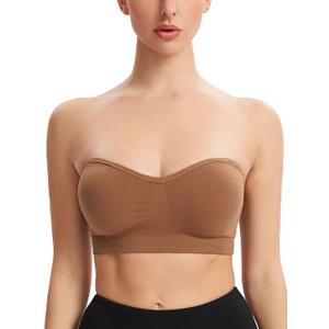 Gnowann Strapless Bras for Women Non-Slip Silicone Bandeau Bralette Seamless Wireless Strapless Bra Padded Tube Top (X-Large, Coffe)