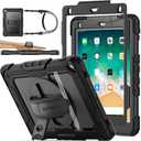 SEYMAC stock Case for iPad 6th / 5th Generation Case/Air 2 / Pro 9.7 inch, Heavy Duty Protective with Screen Protector, with Pencil Holder, Hand Strap, Shoulder Strap, 360 Rotate Stand, Black
