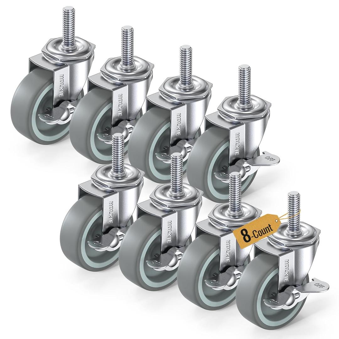 HOLKIE Caster Wheels 3 inch Locking Stem Casters, 3/8" -16 x 1-1/2" (Stem Diameter 3/8", Stem Length 1-1/2") Threaded Stem Casters Swivel Casters Set of 8 Heavy Duty Castors Gray