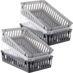 Wenqik 6 Pack Plastic Basket 10.24 x 6.5 x 2.36 Inch Small Storage Bins Rectangle Plastic Organizer Tray Classroom Containers for Organizing Shelves Desks Snack Cosmetics Crafts (Black, Clear, Gray)