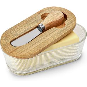 Butter Dish with Lid, Glass Butter Container for Countertop, Butter Keeper Holder with Wood Lid and Knife for East West Coast Butter Stick, Kitchen Counter Dcor (Stripe)