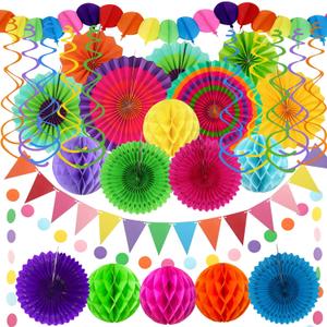Fiesta Party Decorations - Easy to Assemble Multicolored Paper Fan Honeycomb Ball Garland Hanging Swirl for Mexican Party Cinco De Mayo Taco Themed Party Decorations Birthday Rainbow Parties