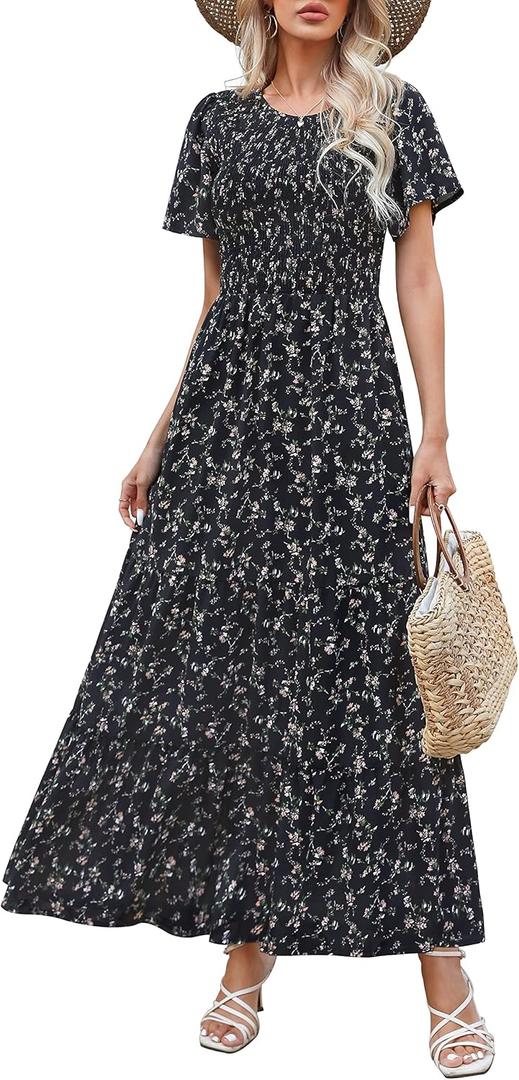 Kranda Women 2025 Summer Fall Crewneck Short Sleeve Smocked Floral Maxi Dress, Size: M