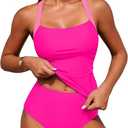 ZAFUL Tankini Swimsuits for Women Tummy Control Swimsuits Bathing Suits Gingham Tankini Set Striped Swimwear Square Neck Cross Strap Full Coverage Bottoms for Beach Vacation Resort Cruise Pool 2026 M