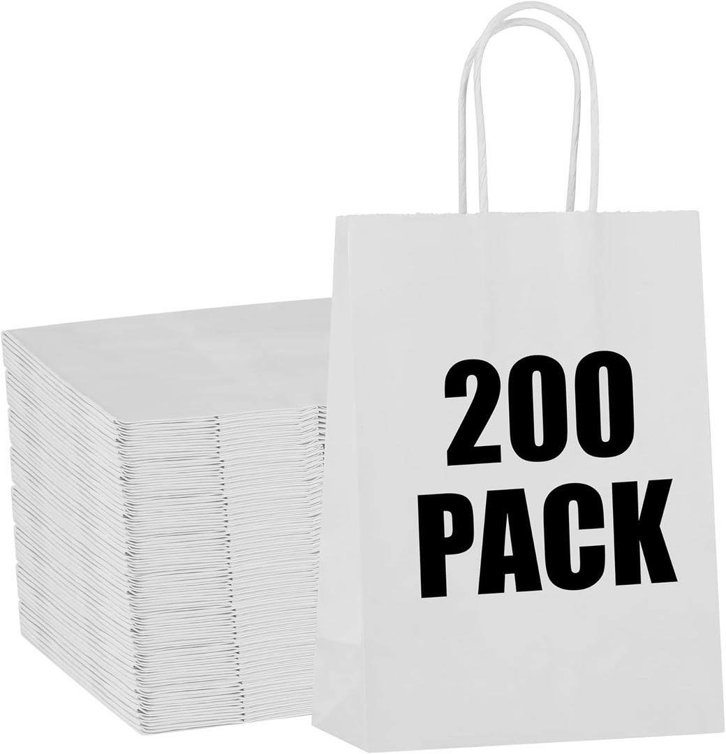 STOBOCTER 200 Pcs Paper Gift Bags - Small Kraft Paper Bags With Handles - Bulk for Small Business, Wedding, Birthday Party Favors - White