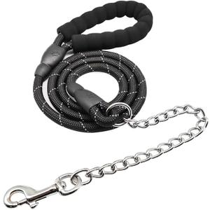 Chewproof Dog Leash, Strong Nylon Rope with Anti-Chewing Chain and Padded Handle for Medium Large Dogs Outdoor Training Walking Hiking Black
