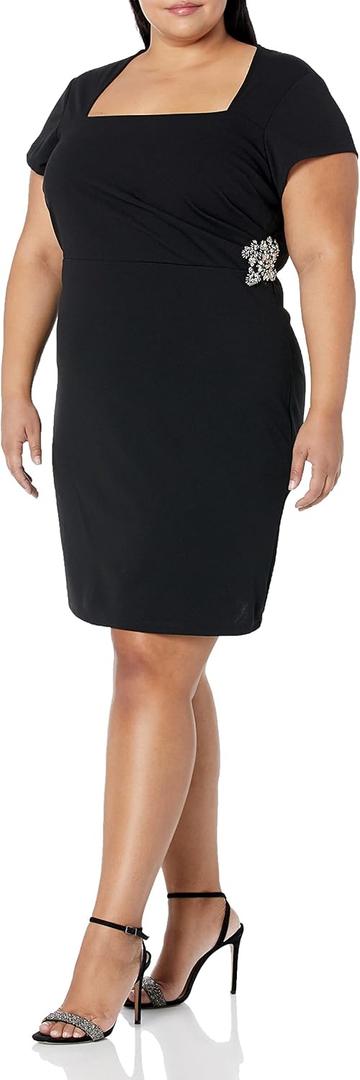 S.L. Fashions Women's Plus Size Short Sleeve Night Out Sheath Dress, Black Square Neck, 20W