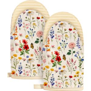 Slohif Vintage Floral Mini Oven Mitts Set  Beige Extended Short Heat Resistant Kitchen Gloves for Women, 100% Cotton Oven Mitts with Silicone Grips, Non-Slip and Thick Durable for Cooking & Baking