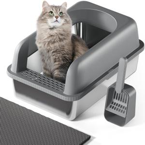 Stainless Steel Cat Litter Box with Lid, 24" L x 16" W x 11.8" H, Large Cat Litter Box for Multiple Cats with High Sided, No-Leak & Stick, Easy to Clean, Includes Litter Mat & Multi Functional Scoop (Dark Gray)