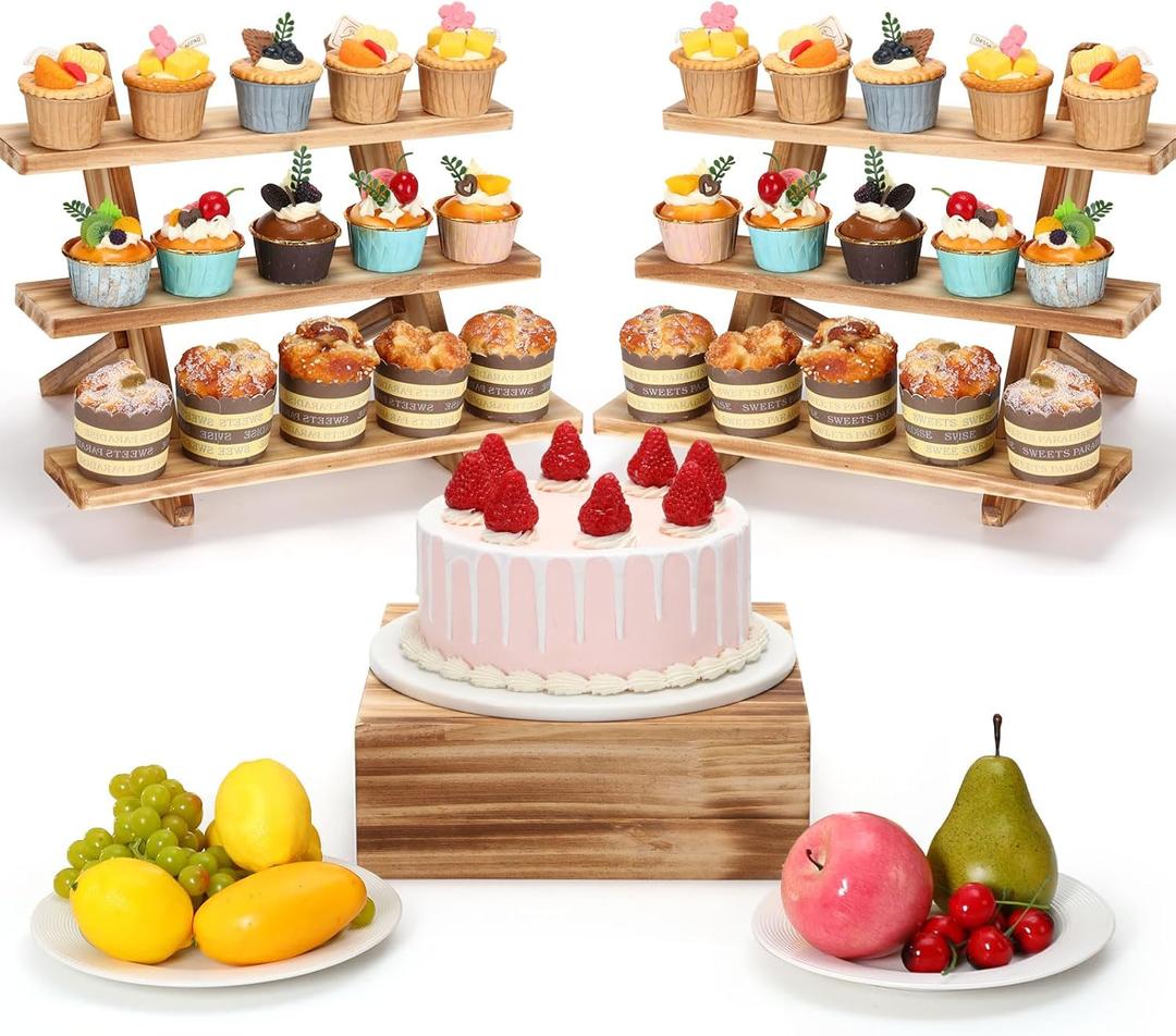 3 Pcs Wooden Cupcake Stand 3 Tier Cupcake Display Stand 10 Square Wooden Crates Rustic Vintage Brown Table Display Riser Tool Free Installation Tray for Wedding Baby Shower Birthday Party