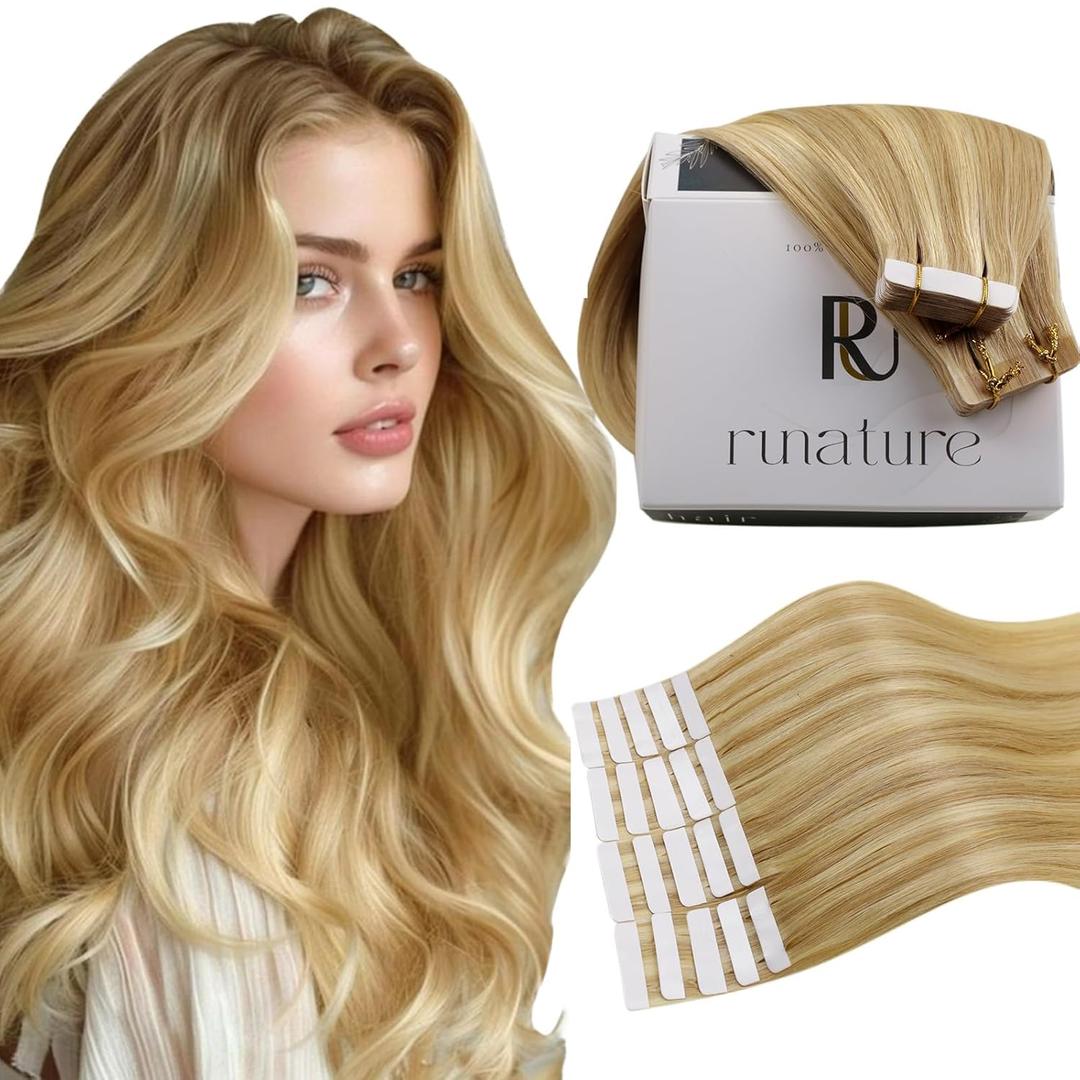 RUNATURE Remy Human Hair Tape in Extensions Golden Blonde Mix Light Blonde Tape in Extensions Real Human Hair Double Sided Straight Tape in Remy Hair Extensions Short Tape in Hair 14 Inch 50g 20pcs