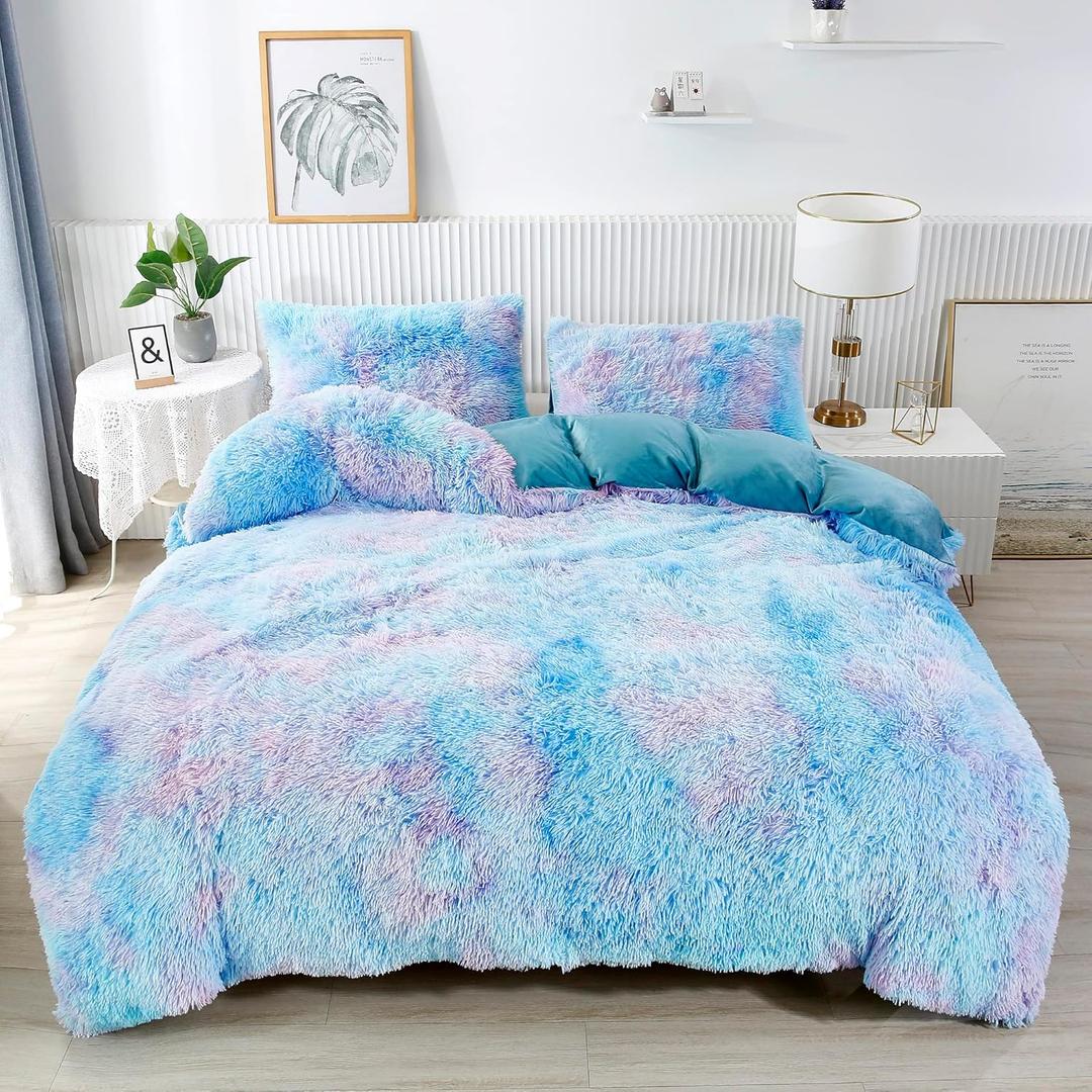 RYNGHIPY Super Soft Fuzzy Faux Fur Duvet Cover Set Rainbow Bedding Set for Girls Blue Tie Dye Plush & Velvet Flannel Comforter Cover with 2 Pillowcases (Colorful Blue,Queen)