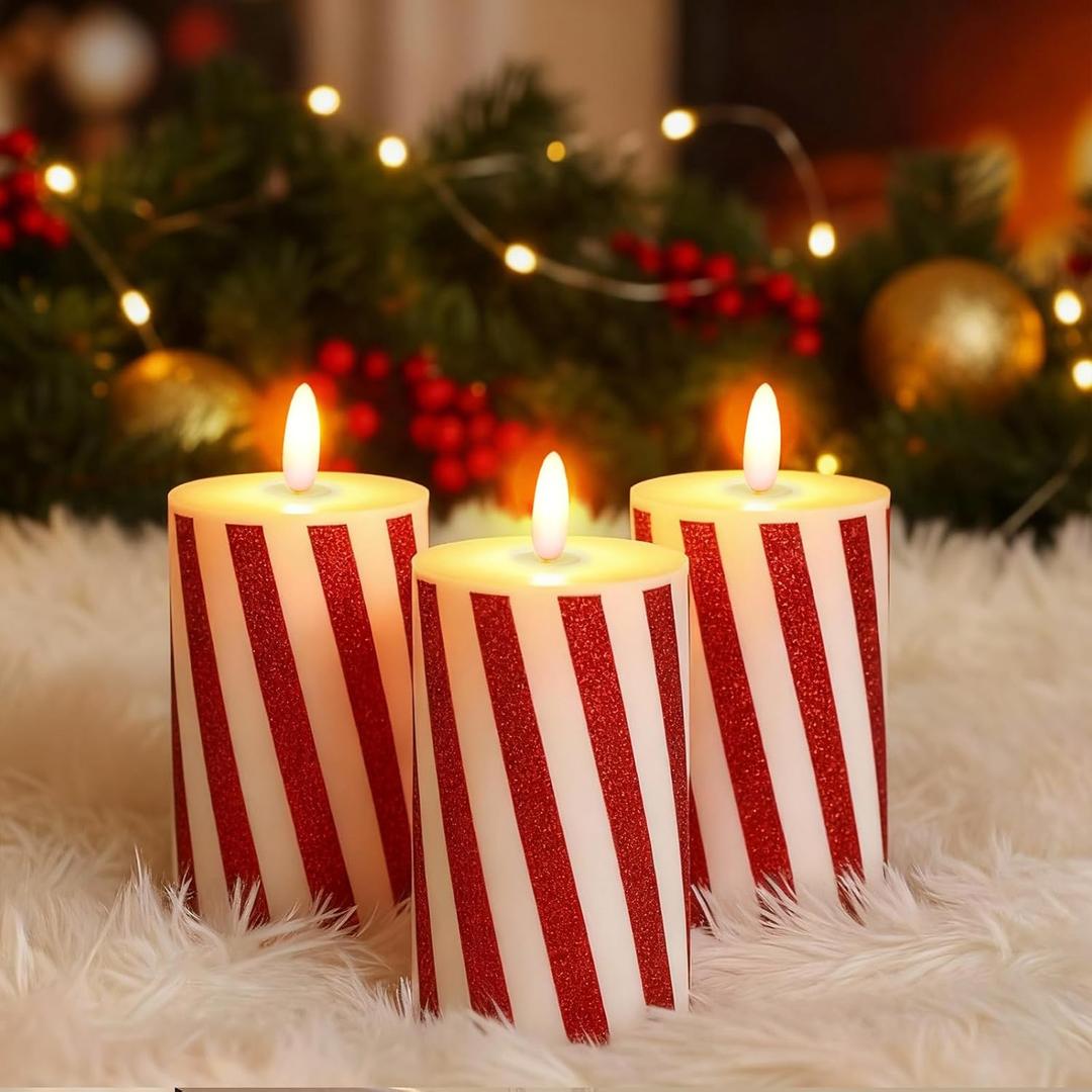 Baquler 3 Pcs Christmas Flameless Candles Candy Cane LED Pillar Candle Peppermint Glitter Stripe Red and White Battery Operated Candlestick for Xmas Party Holiday Table Centerpiece Home Decoration