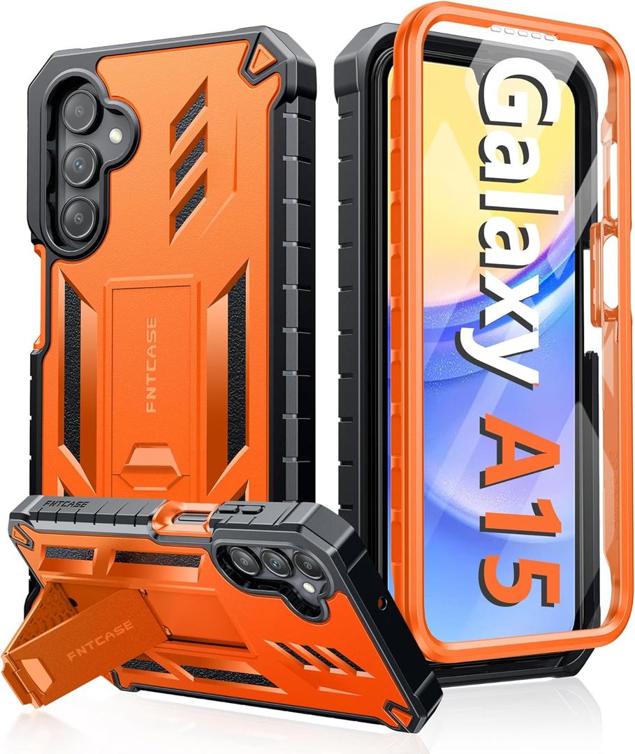 FNTCASE for Samsung Galaxy A15-5G Case: Military Grade Drop Proof Protection Phone Cover with Kickstand | Heavy Duty Rugged Full Body Protective Shockproof Matte Textured TPU Cases - 6.5 Inch (Orange)