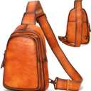 NIUCUNZH Genuine Leather Sling Bag, Handmade Vintage Crossbody Shoulder Bags Small Travel Pack for Women and Men (Brown)