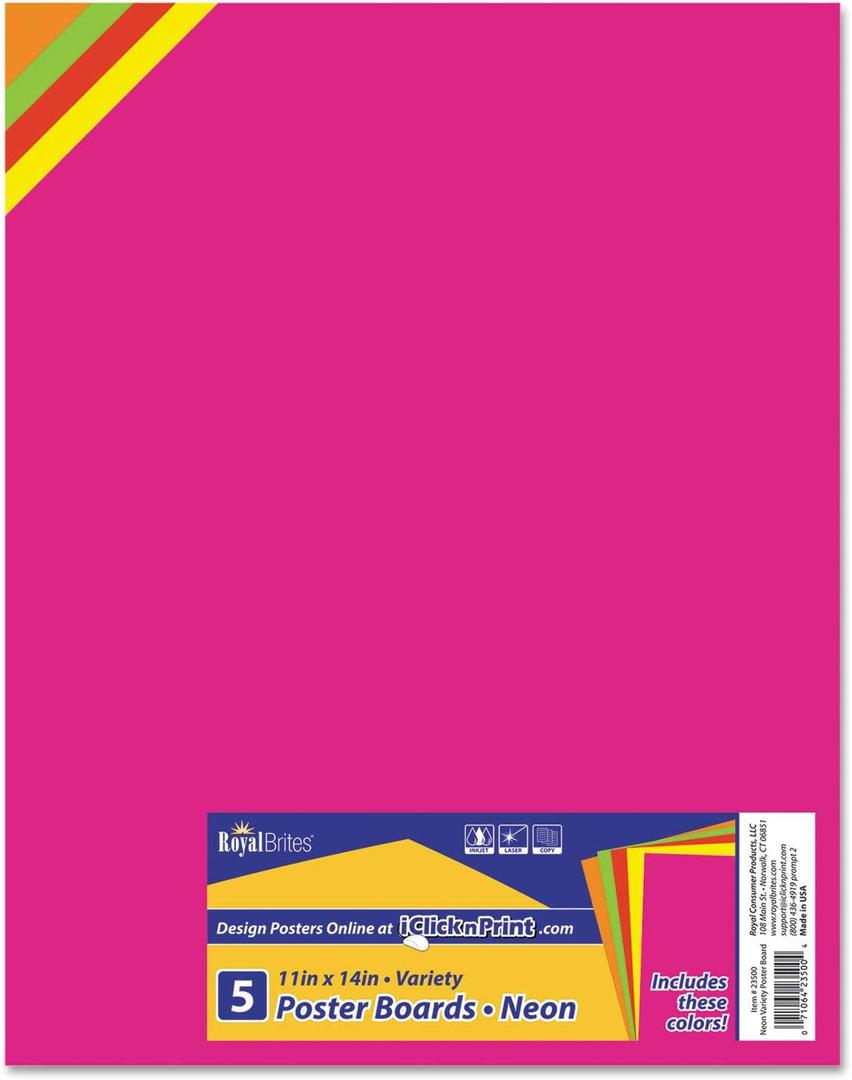 Royal Brites Variety Pack Fluorescent Poster Board, 11 x14 Inches, Assorted Neon, 5-Sheet Pack (23500)