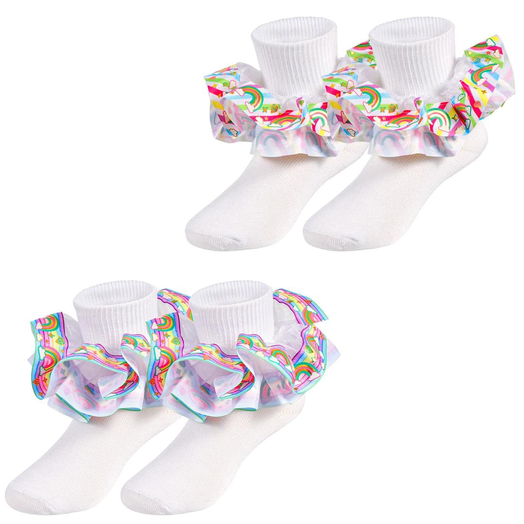 LSULIBYB Girls Leopard Ruffle Cotton Ankle Socks, Adjustable Cuff Design Big Double Lace Frilly Dress Sock for Toddlers 1-10T (US, Age, 6 Years, 8 Years, Rainbow 2 Pairs)
