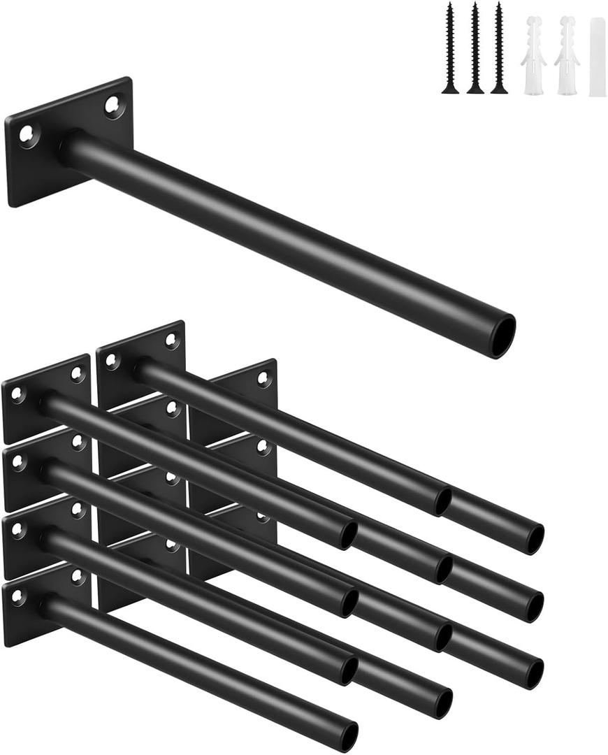 12 Pcs 6" Black Steel Floating Shelf Bracket Blind Shelf Supports - Hidden Brackets for Floating Wood Shelves - Concealed Blind Shelf Support  Screws and Wall Plugs Included