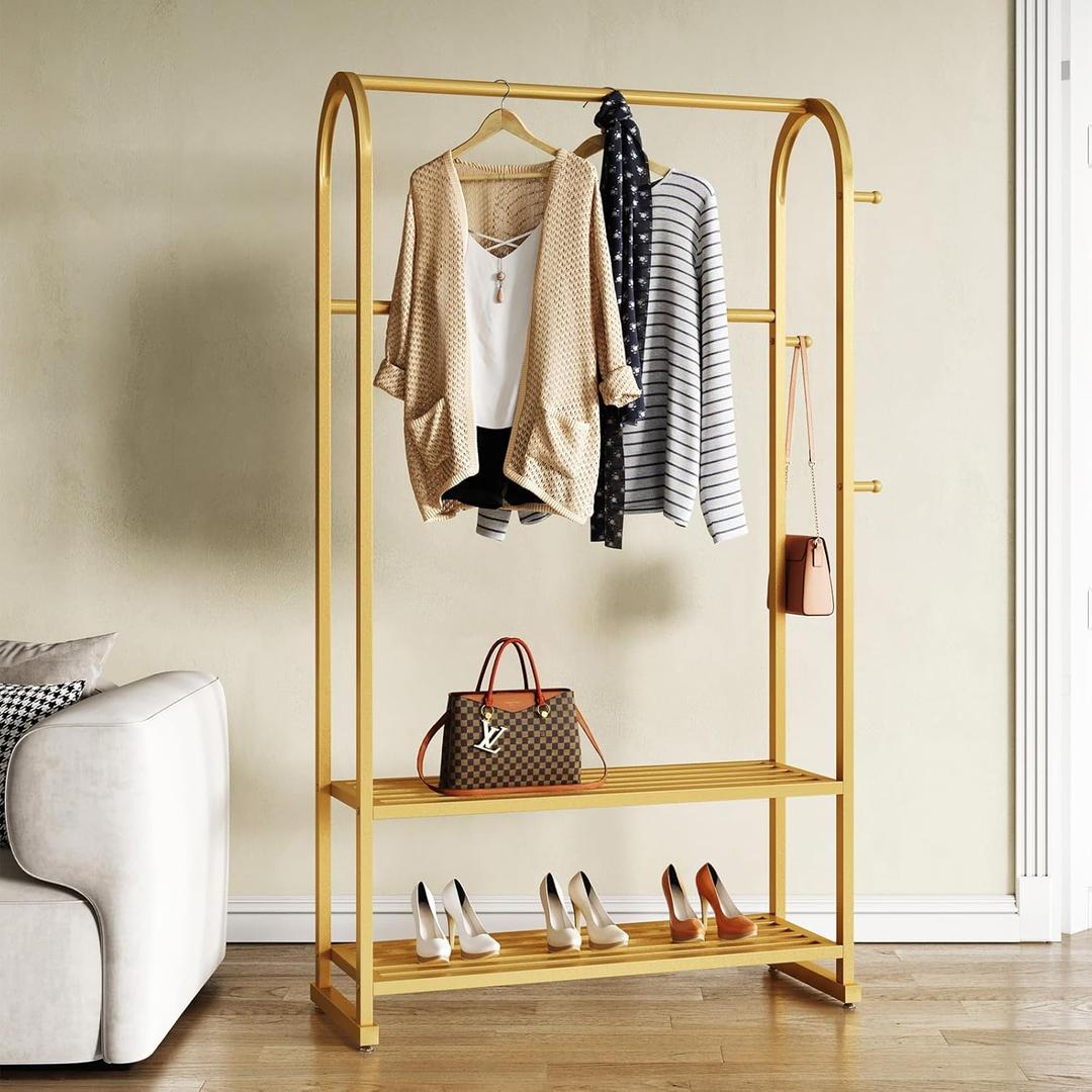 Gold clothing rack,Heavy duty clothes rack with shelves,Metal garment rack for hanging clothes,Wardrobe rack for Boutique, Retail or Home (L:31.5IN)