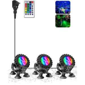 T-SUN Colored Pond Lights with Timer, LED Underwater Pond Light Submersible Fountain Lights for Fish Tank Landscape Spotlight - Remote Control, IP68 Waterproof, Aquarium, Waterfall, Yard (3 Heads)