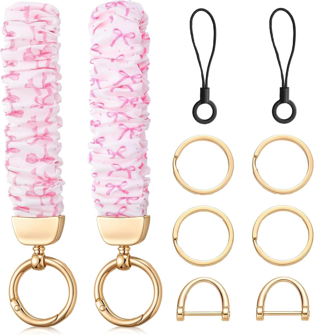 Nosiny 2 Pcs Pink Bow Keychain Wristlet for Women Coquette Scrunchie Key Chain Stretch Car Keyholder Bracelet, Keychain Wristlet for Gym, Shopping & Travel Gifts for Women