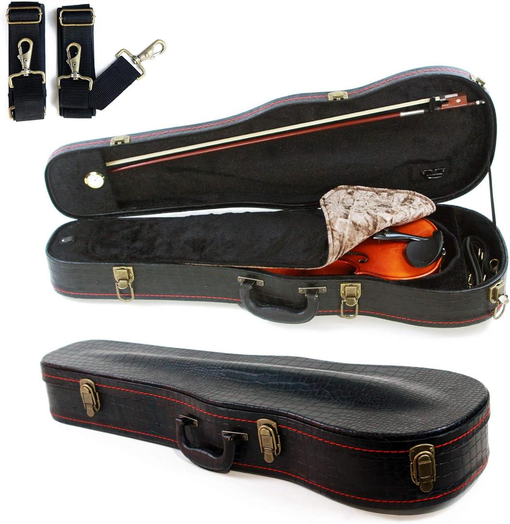 4/4 Full Size Violin Case, Plush Interior Wooden Hard Case With Hygrometer, Crocodile Pattern Leather Bulge Surface Case (Black)