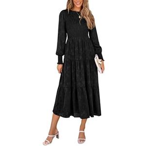 PRETTYGARDEN Women's Fall Spring Midi Dress Long Sleeve Floral Smocked Elegant Wedding Guest Long Flowy Dresses with Pockets, L