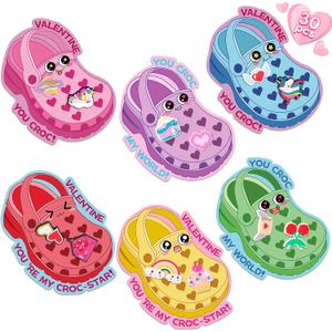 Valentines Day Cards for Kids School-Croc Valentines Cards, Valentines Day Gifts for Kids, 30 PSC Valentine Cards with Shoe Charms for Boys Girls Toddler Classroom Gift Party Favors