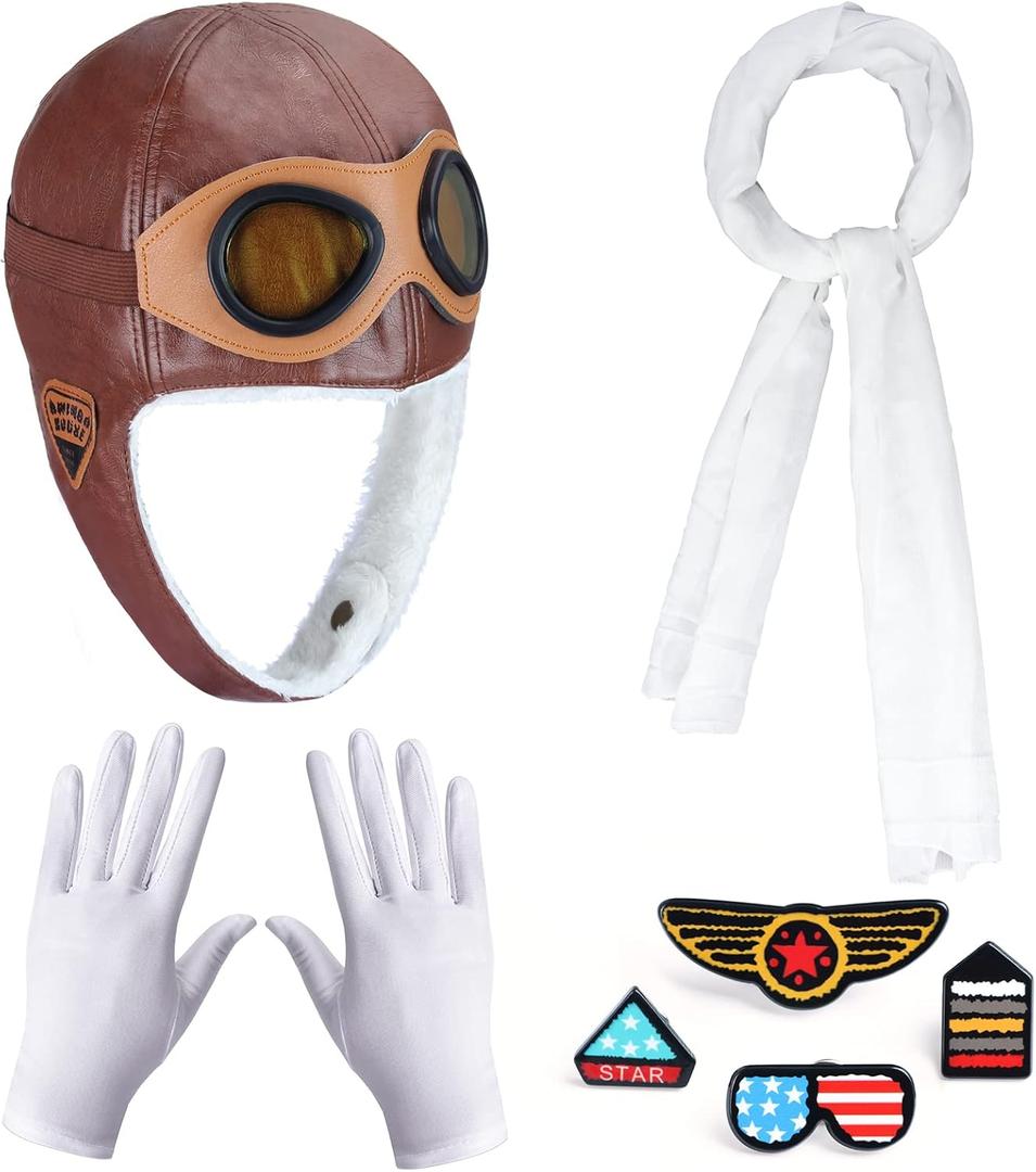 Kids Aviator Costume Accessories Pilot Aviator Hat With Goggles For Halloween Career Day Birthday Cosplay Costume (Brown Hat,white Scarf,gloves,brooches)