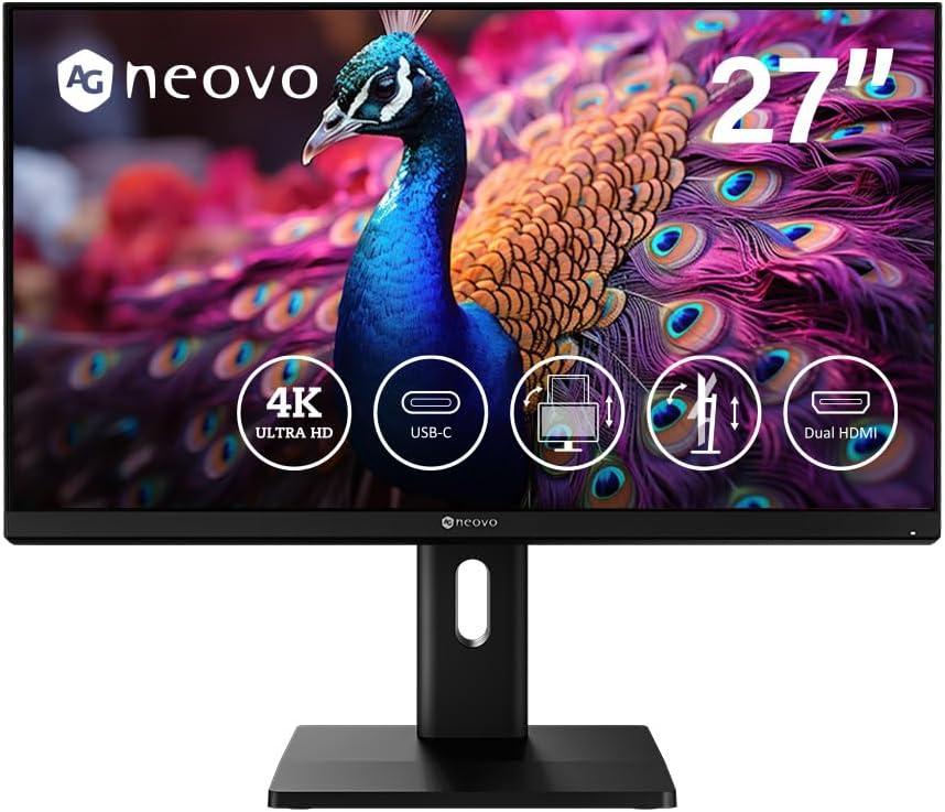 AG Neovo EM2751 4K Monitor 27 Inch, USB-C with 65W Power Delivery, 3840 x 2160 UHD, IPS, 100% sRGB, Height Adjustable, Pivot, Dual HDMI 2.1, DisplayPort 1.4