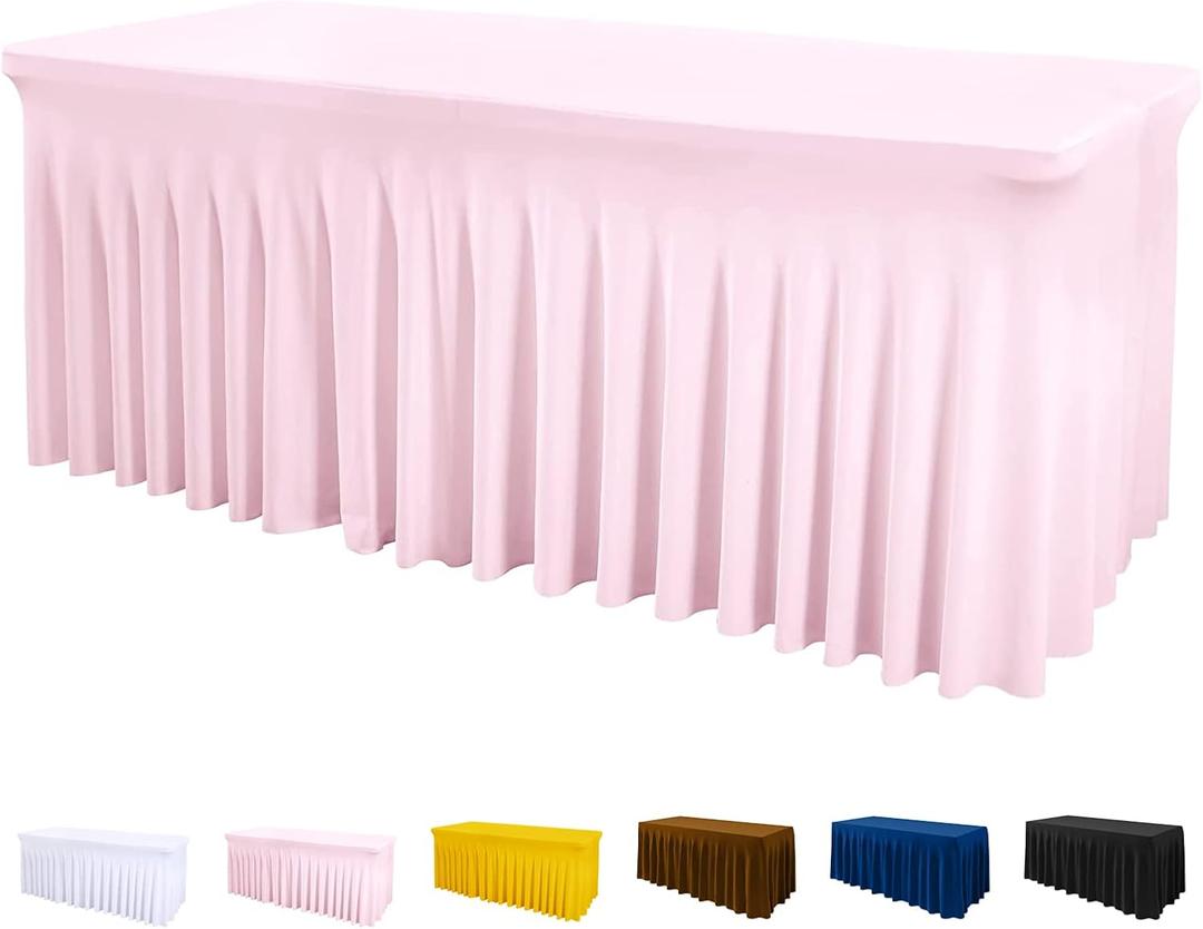 ManMengJi Table Cover and Table Skirt One-Piece for Folding Tables, 6FT Spandex Fitted Tablecloth with Ruffles Skirt for Weddings, Banquets, Parties, Vendors (Pink 1Pack) (11.4" x 9.1" (Rectangular), 1 Pack)