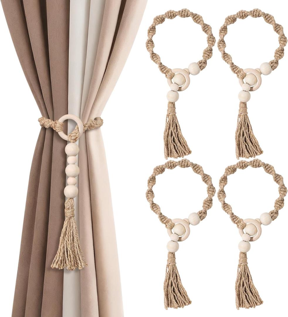 Macrame Curtain Tiebacks with Wooden Beads, Jute Rope Boho Holdbacks with Tassels, Natural Beige, 4-PCS (4)