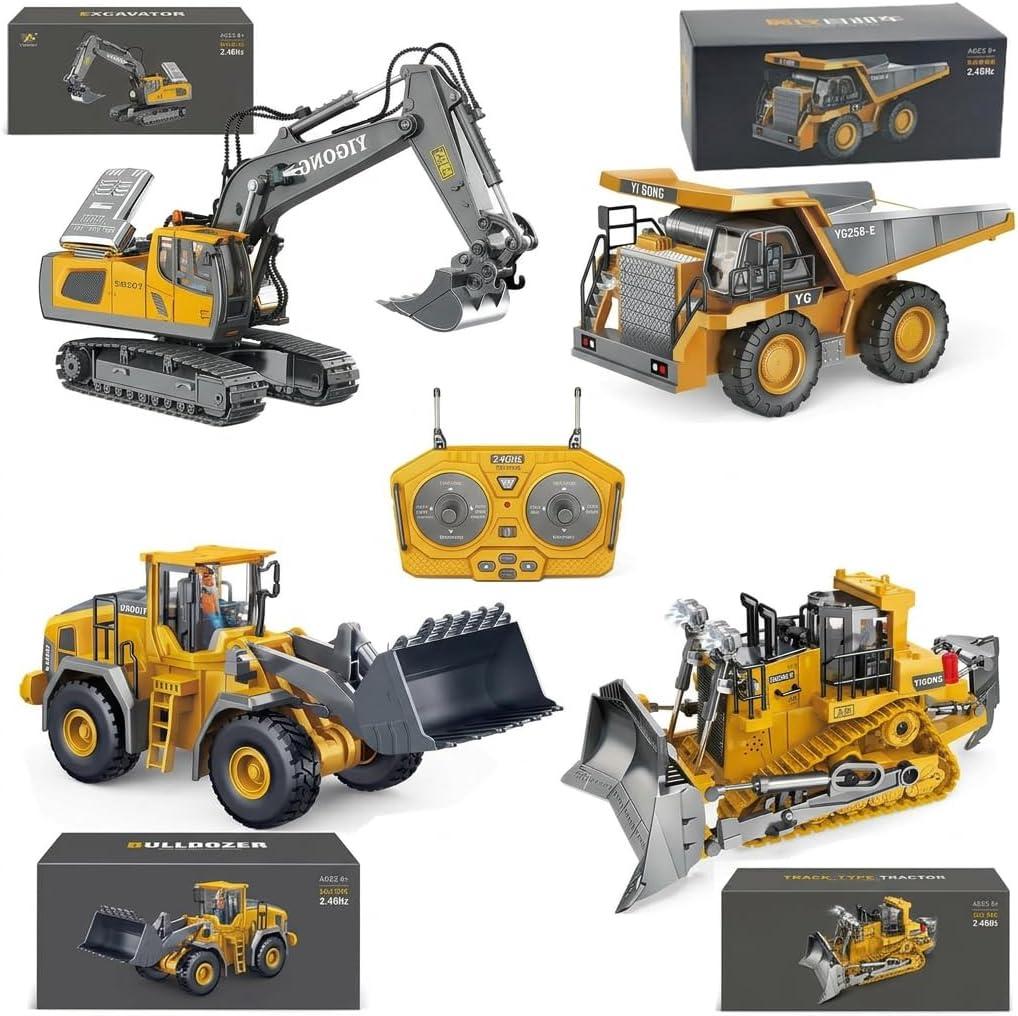 Remote Control Construction Vehicles Set for Adults, 2.4Ghz RC Excavator Dump Truck Loader Bulldozer with Lights Sounds (4-Pack)