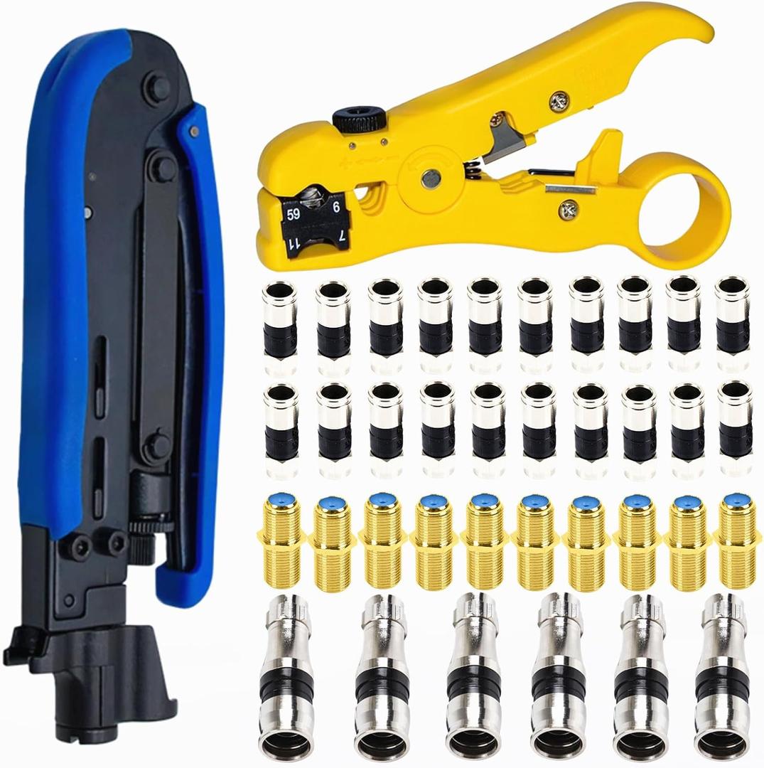 Coax Cable Crimper Kit, Coaxial Compression Tool Adjustable RG6 RG59 RG11 75-5 75-7 Coaxial Cable Stripper with 20PCS RG6 Connectors, 10PCS Female to Female Connectors, 6PCS RG11 Connector